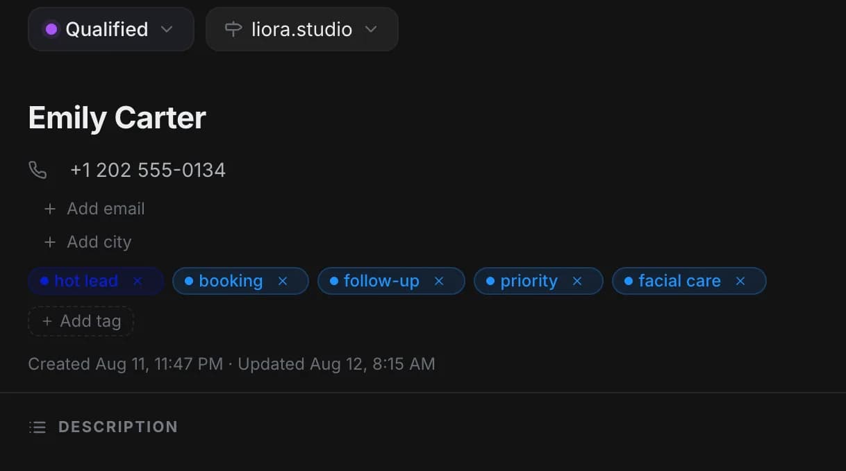 Client card: phone, the “booking” and “follow-up” tags, the updated date