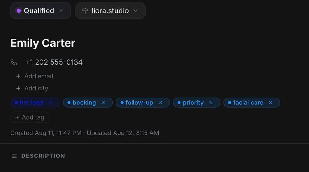 Client card: phone, the “booking” and “follow-up” tags, the updated date
