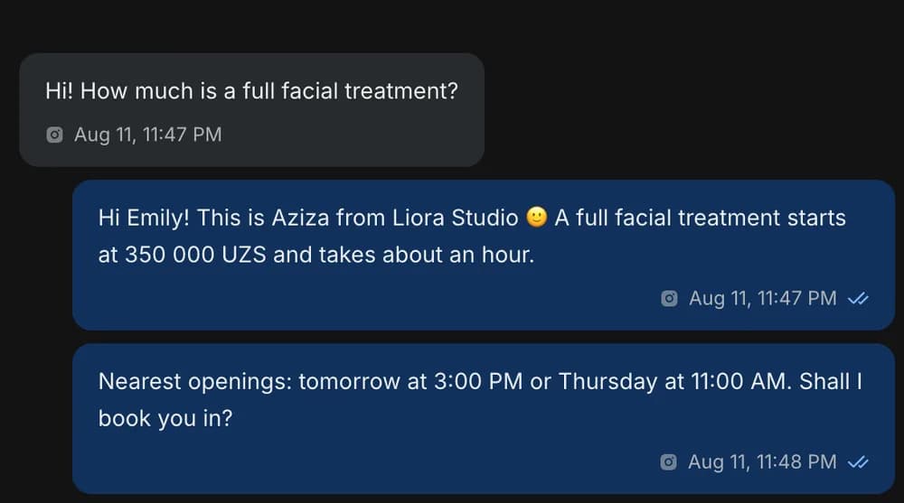Chat: AI quoted the price, the duration and two open slots