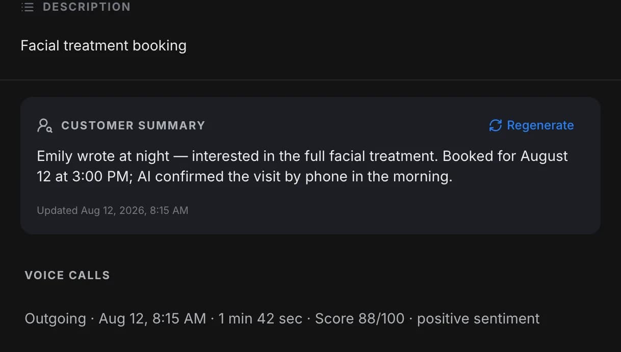 Lead card: the customer summary and an outbound call, 1 min 42 sec