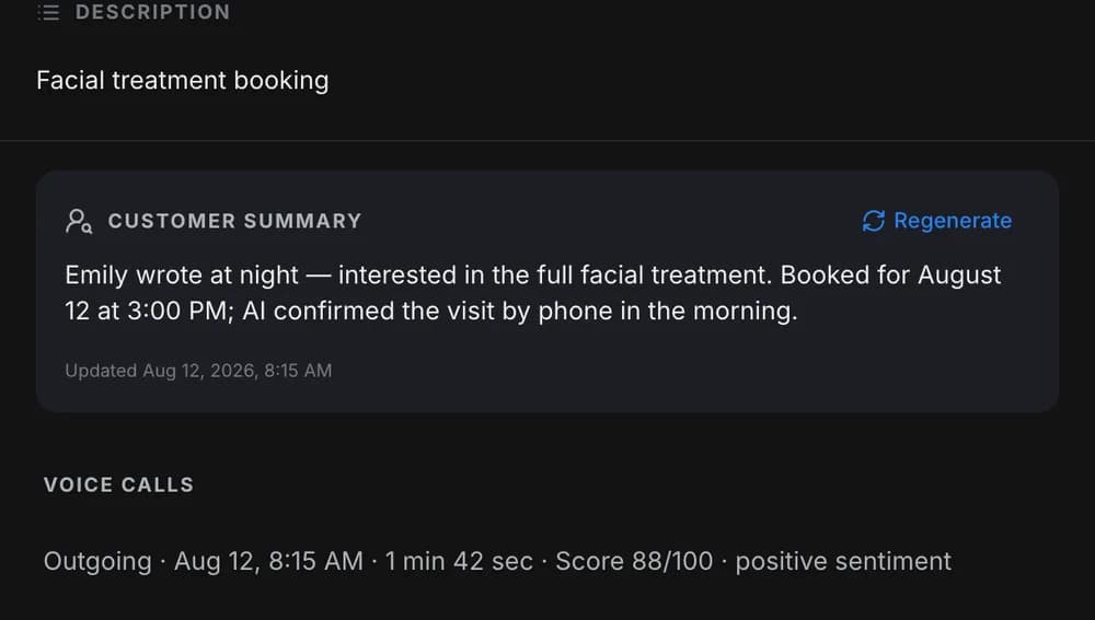Lead card: the customer summary and an outbound call, 1 min 42 sec