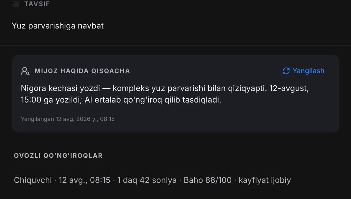 Lid kartochkasi: mijoz haqida qisqacha va chiquvchi qoʻngʻiroq 1 daq. 42 son.