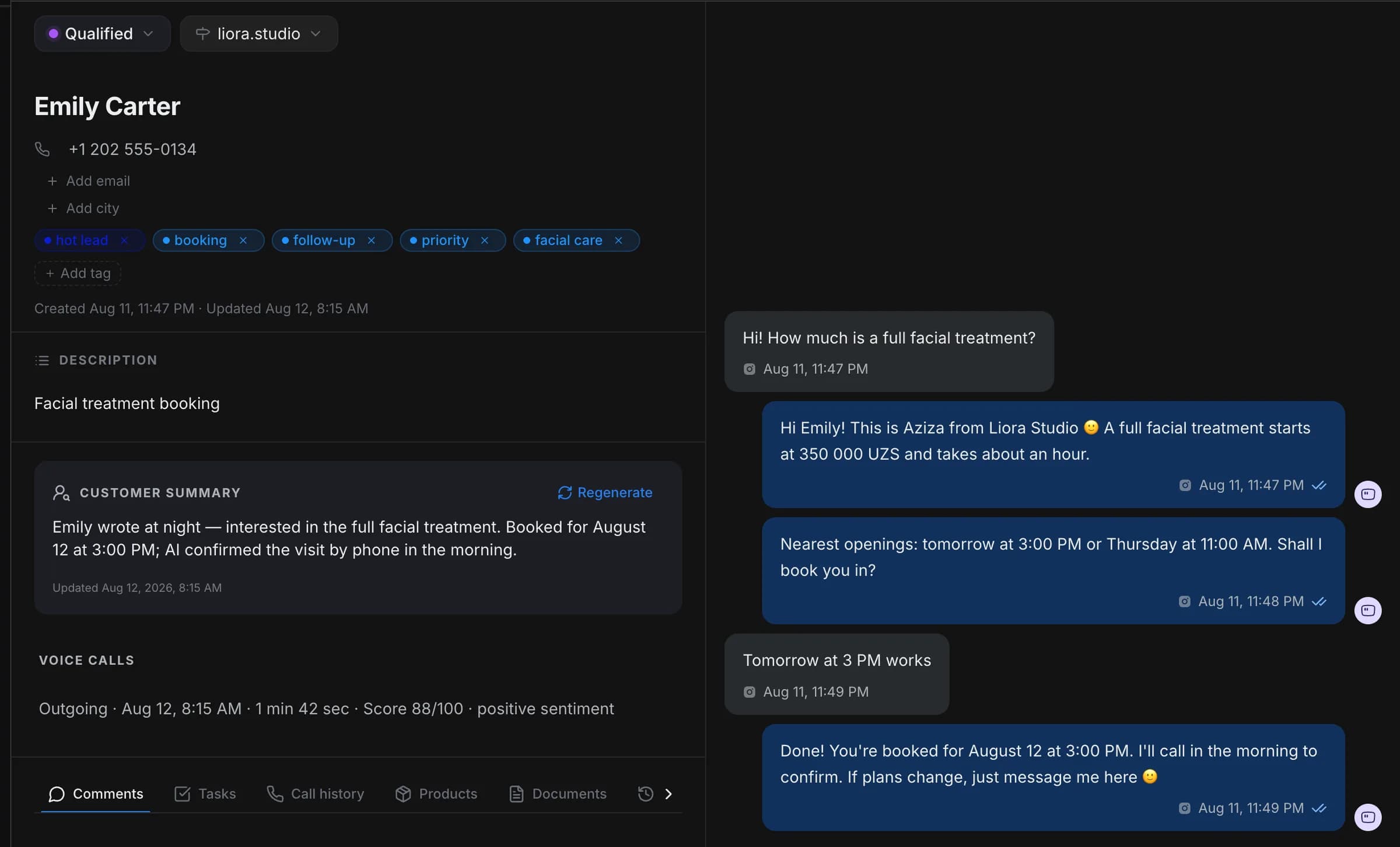 Zukko.AI lead card: AI replies in chat, quotes the price and books the client, next to a customer summary and a confirmation call scored 88