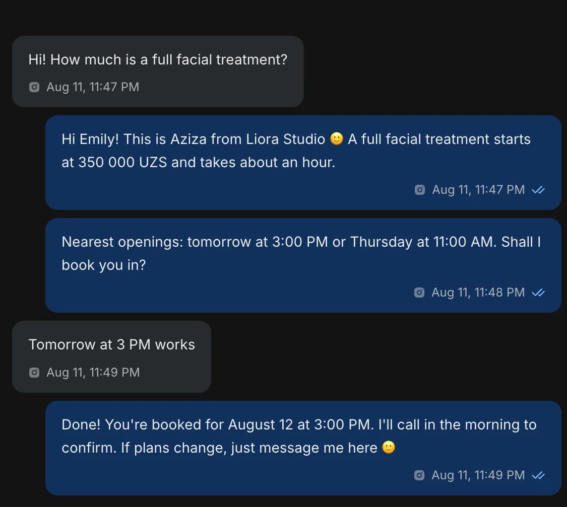 Zukko.AI conversation: AI quotes the price, offers open slots and confirms a booking for tomorrow at 3:00 PM