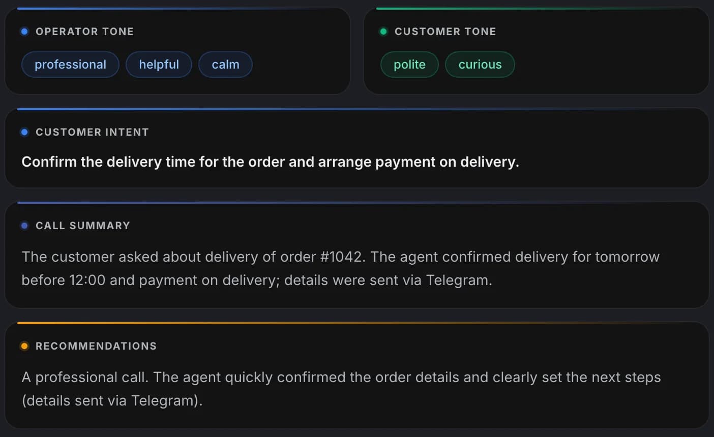 Call review in Zukko: conversation tone, customer intent and recommendations