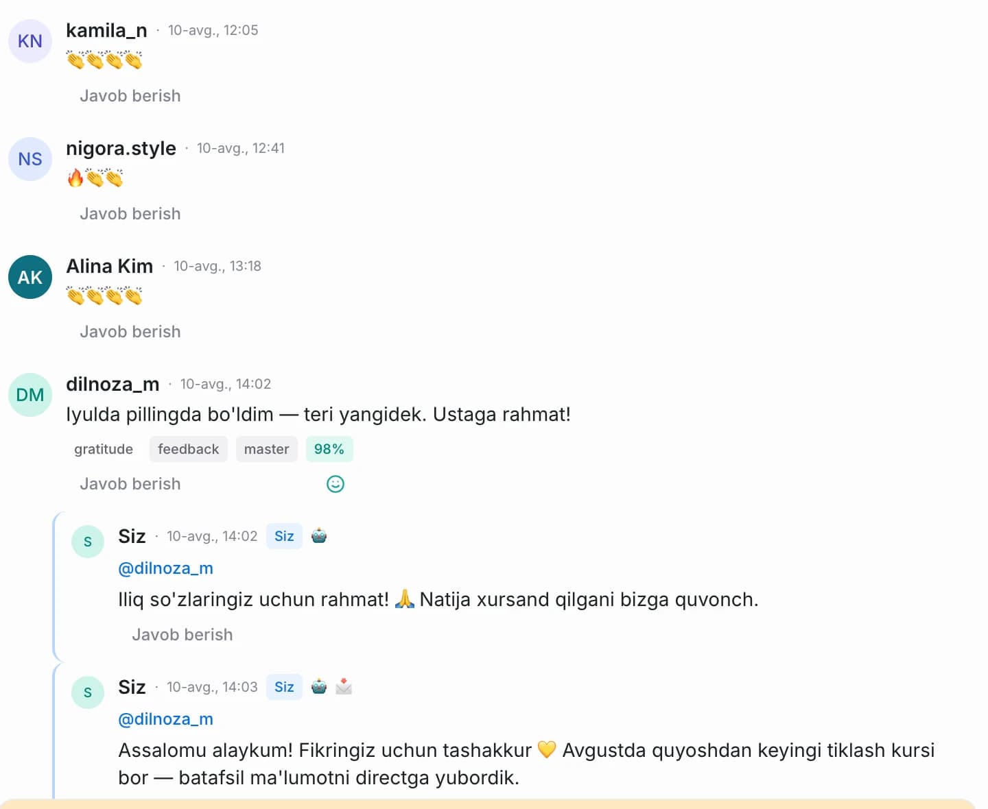 AI-xodimning post ostidagi savolga javobi va shaxsiy xabarga taklifi