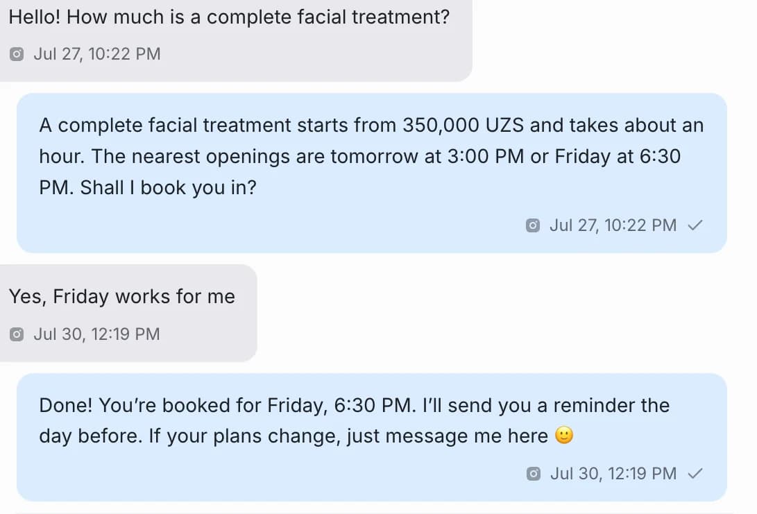 A Zukko conversation: a night booking question and the AI employee’s reply with open slots