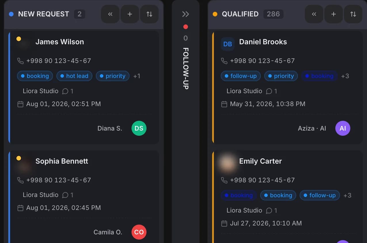 An inquiry kanban in Zukko: requests by funnel stage