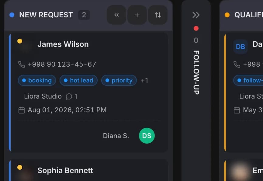 An inquiry kanban in Zukko: requests by funnel stage