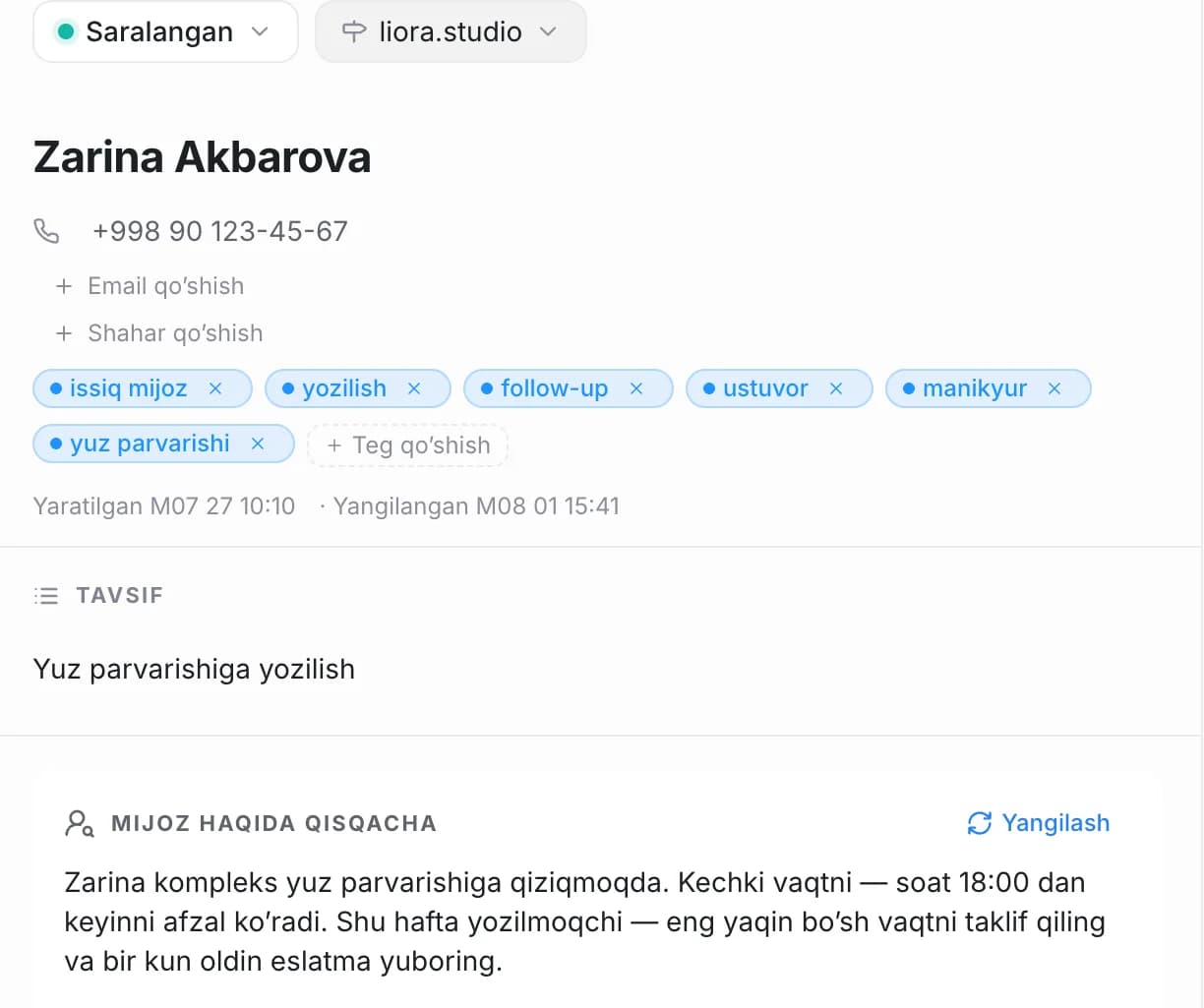 Zukkodagi mijoz kartochkasi: telefon, yozuv belgilari va oldindan eslatma