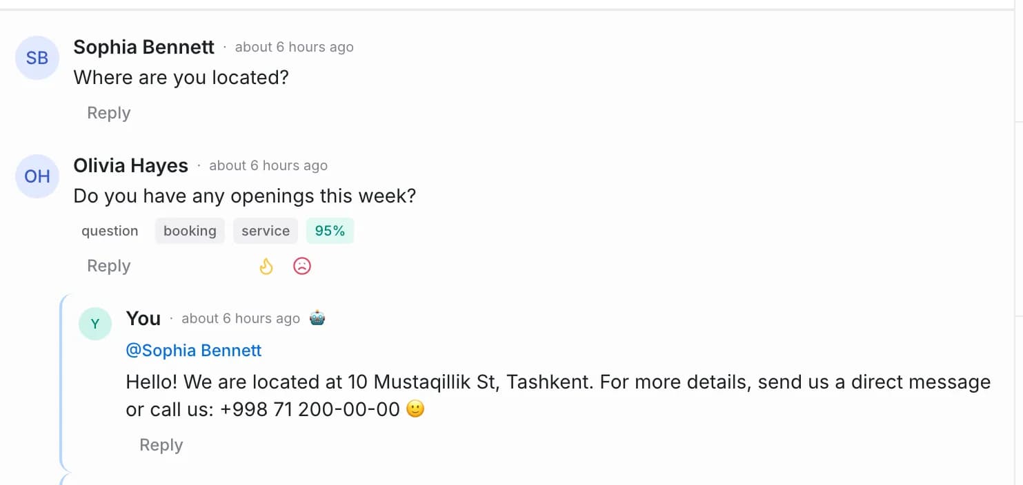 The AI employee answering a question under a post and inviting the customer to direct messages