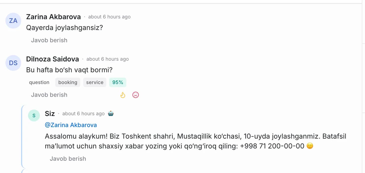 AI-xodimning post ostidagi savolga javobi va shaxsiy xabarga taklifi