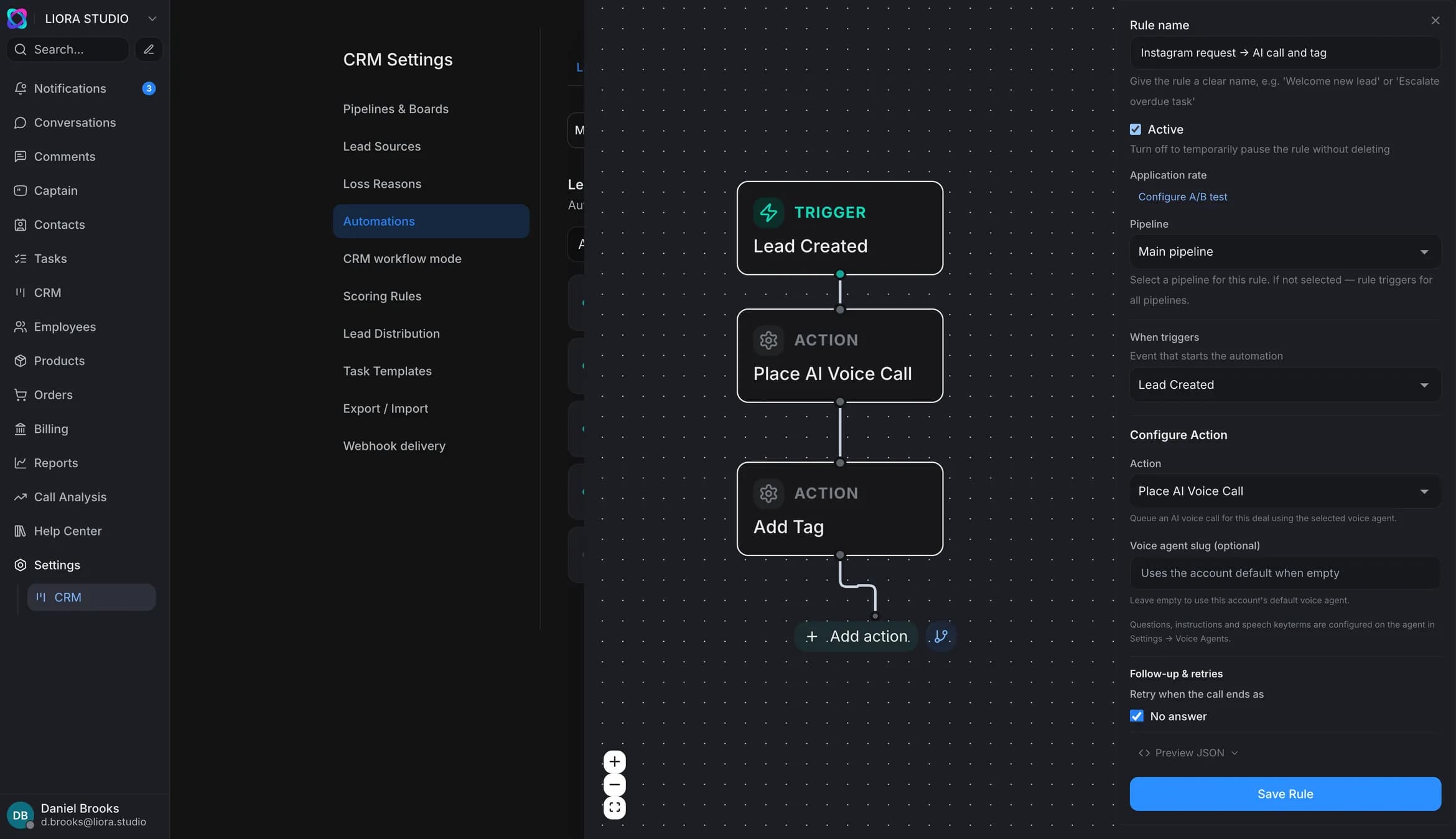 An automation rule in Zukko.AI: an inbound request triggers an AI call and a tag on the customer card