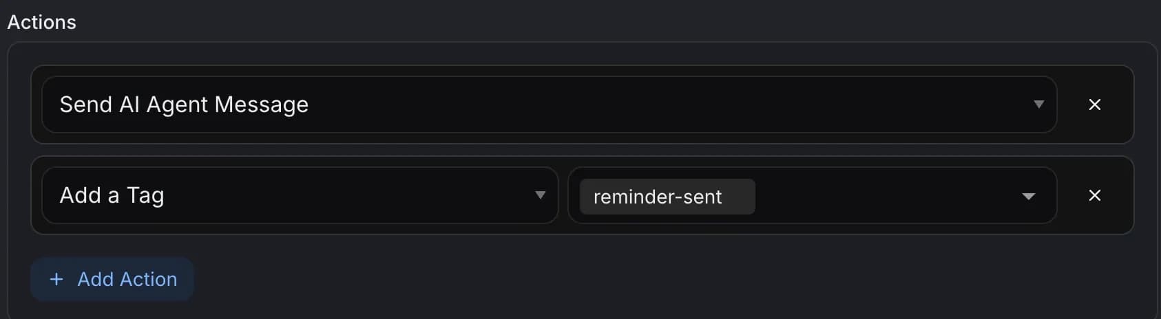 An AI agent action inside a rule: what the agent does and with which data