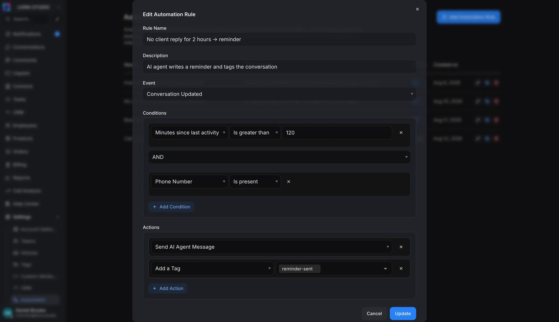 Automation rule: the event, the condition and the action the AI performs