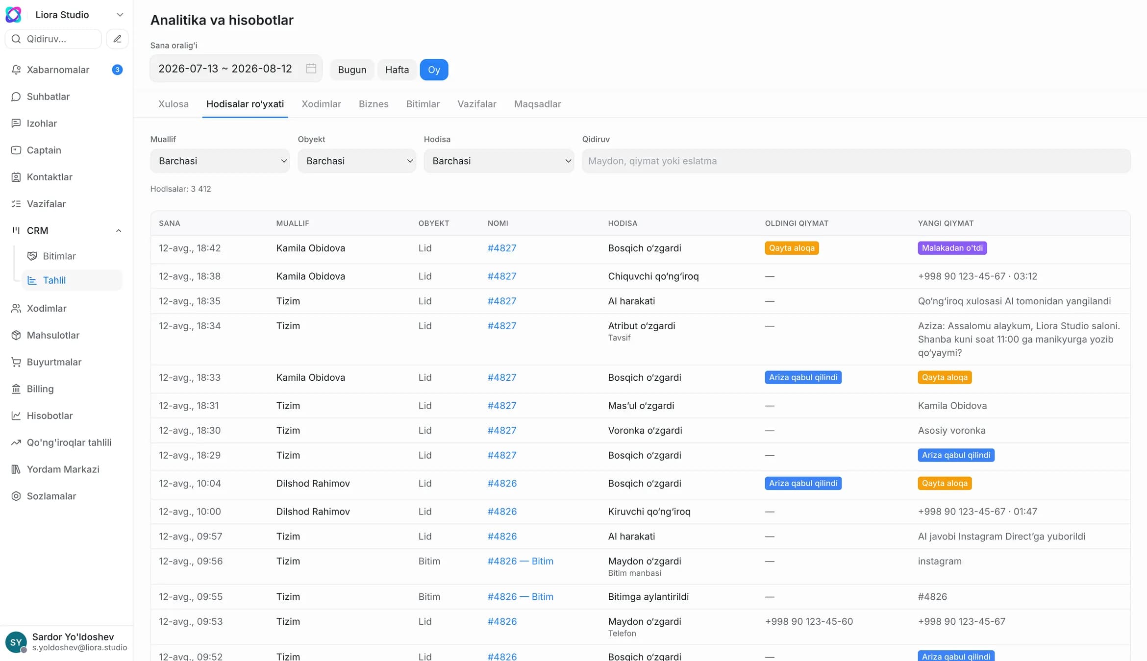 CRM ҳодисалар журнали: карточкани ким ва қачон ўзгартирган — ходим ёки AI