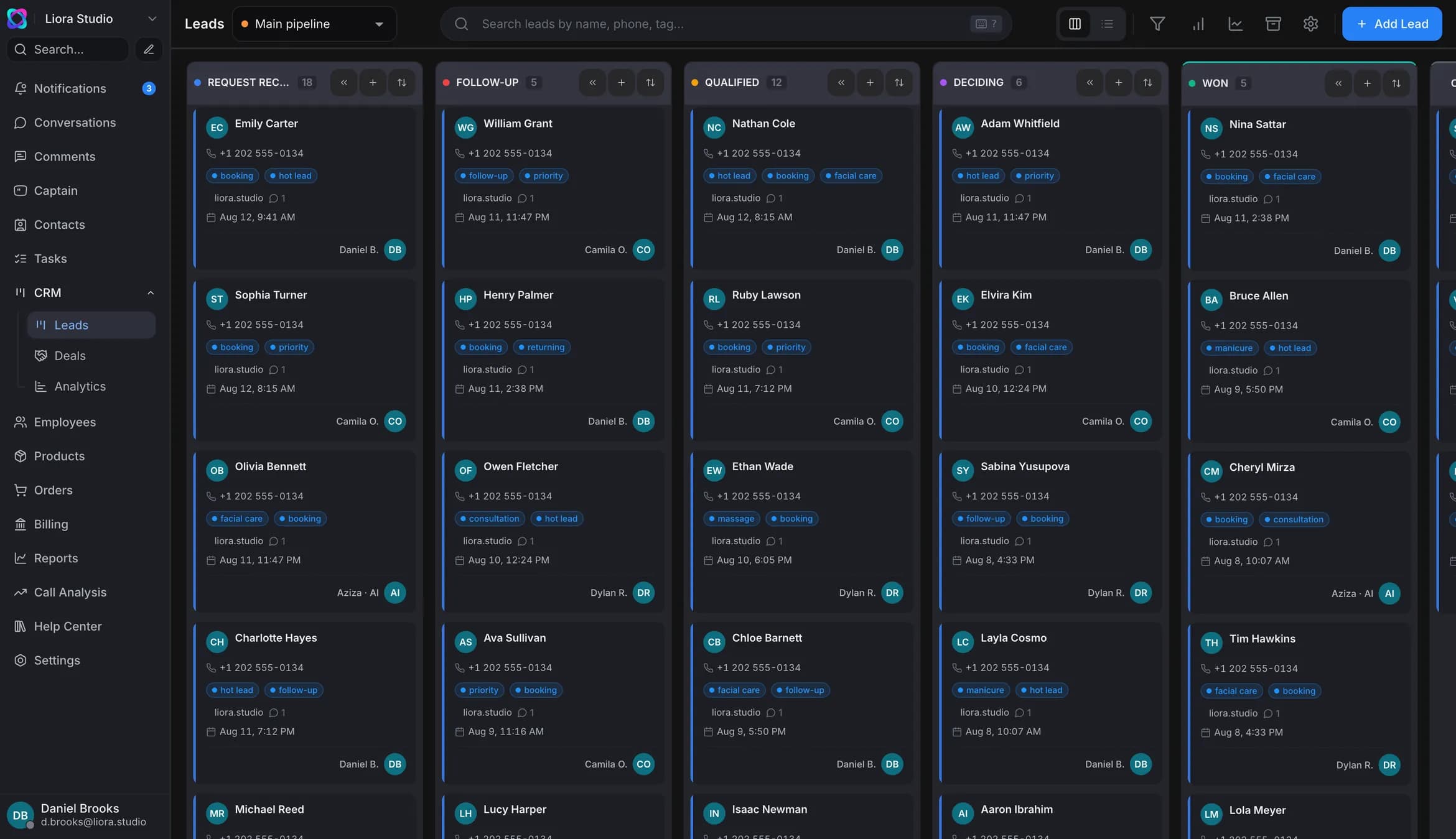 Leads on a kanban board: the AI created each card from a conversation and sorted it by stage