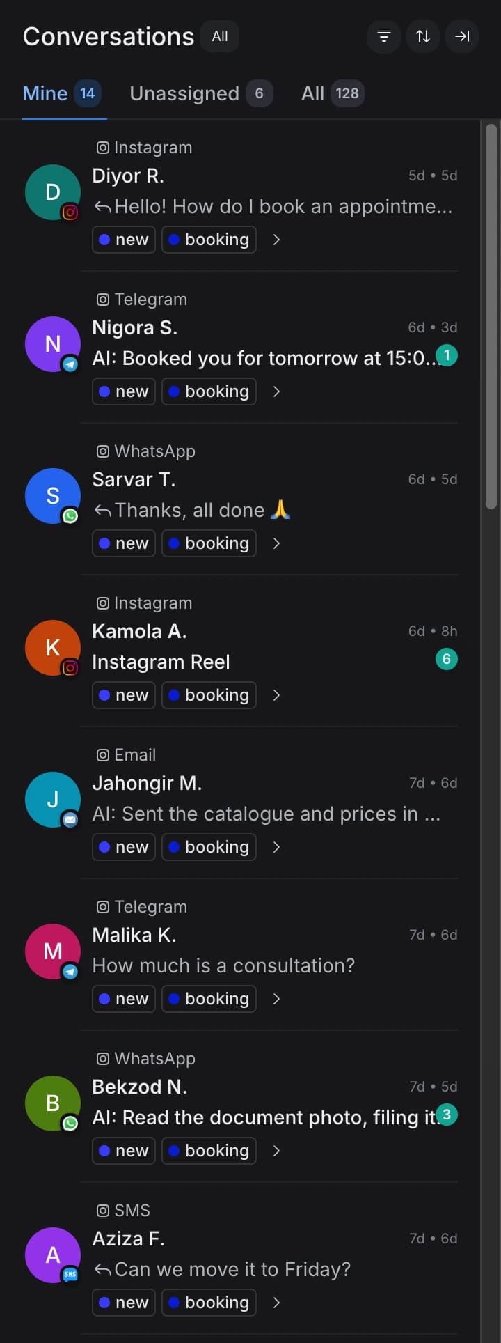 One stream from every channel — Instagram, Telegram, WhatsApp, Email, SMS