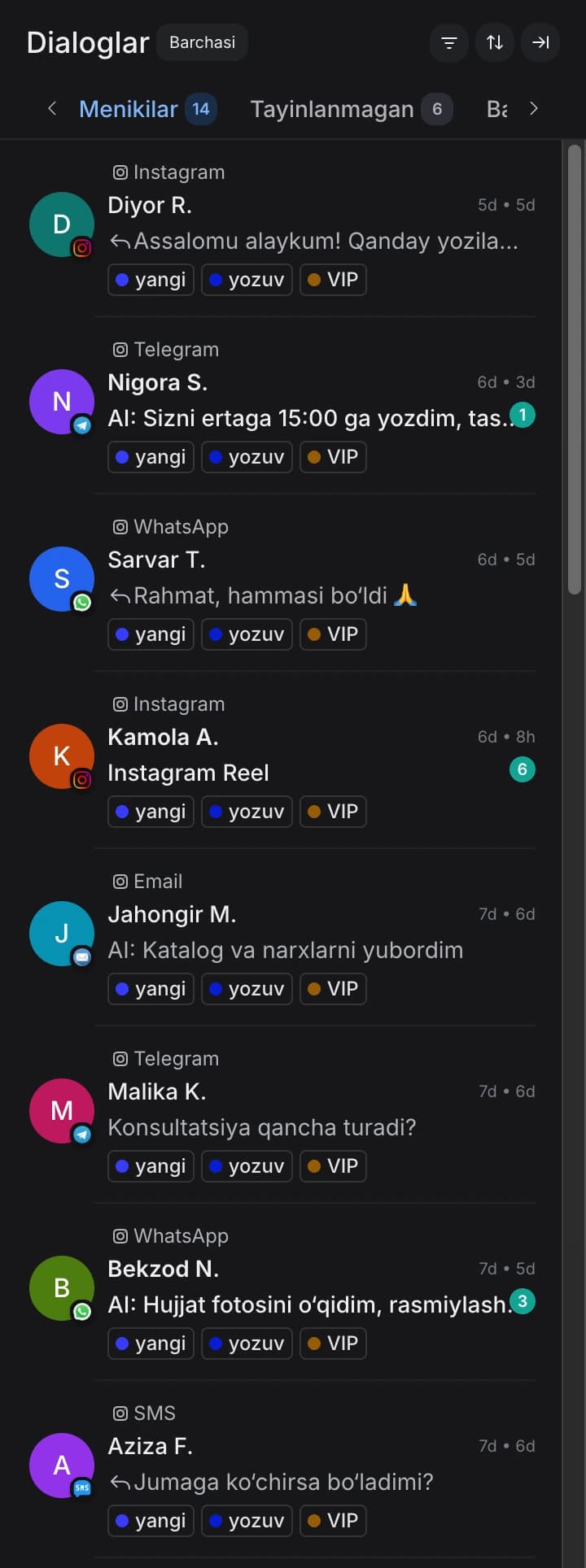 Barcha kanallardan bitta oqim — Instagram, Telegram, WhatsApp, Email, SMS