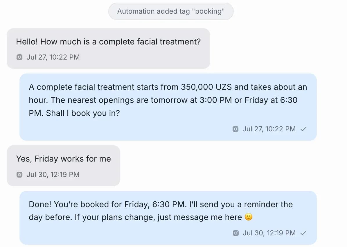 An Instagram conversation: the automation added the booking tag, the AI quotes the price and the two nearest open slots, the client picks Friday, the AI confirms 6:30 PM and promises a reminder the day before