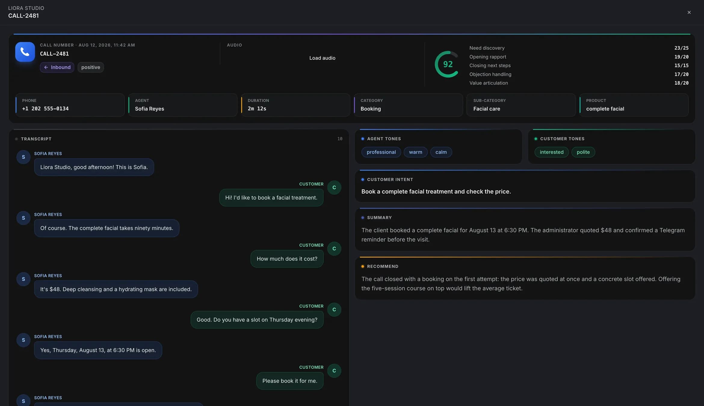 Call card CALL-2481: the transcript of the agent–customer conversation, an overall score of 92, agent and customer tone, a conversation summary and a next-step recommendation