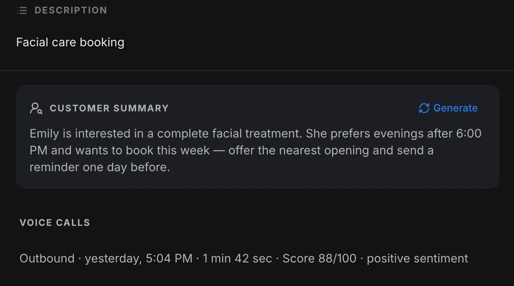 Deal card “Facial care booking”: an AI customer summary recommending the nearest opening and a reminder a day before, with an outbound voice call of 1 min 42 sec below, scored 88/100 with positive sentiment