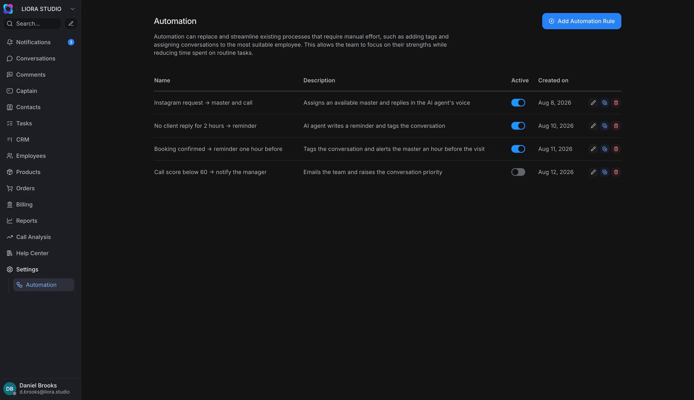 Automation rule panel: an Instagram request assigns a specialist and places a call, client silence triggers a reminder, a low call score notifies the manager — some rules are on and some off via the “Active” toggle
