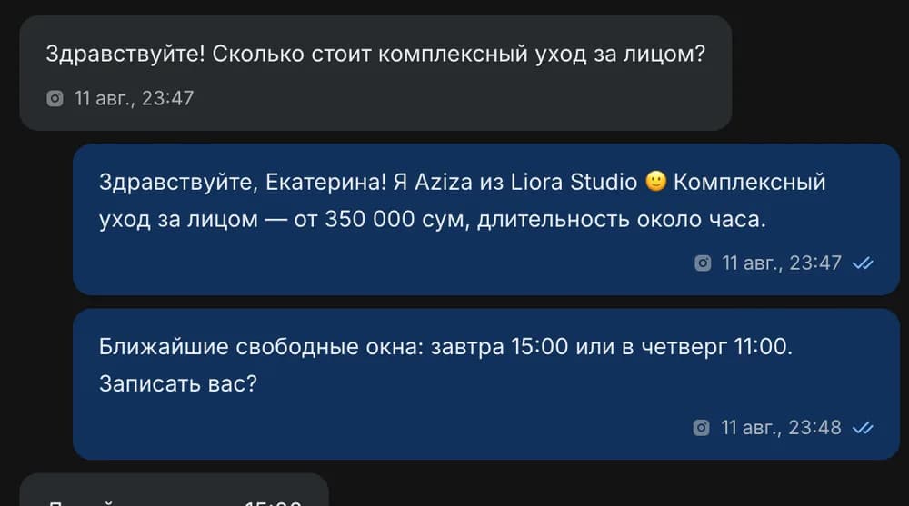 Переписка: AI назвал цену, длительность и два свободных окна