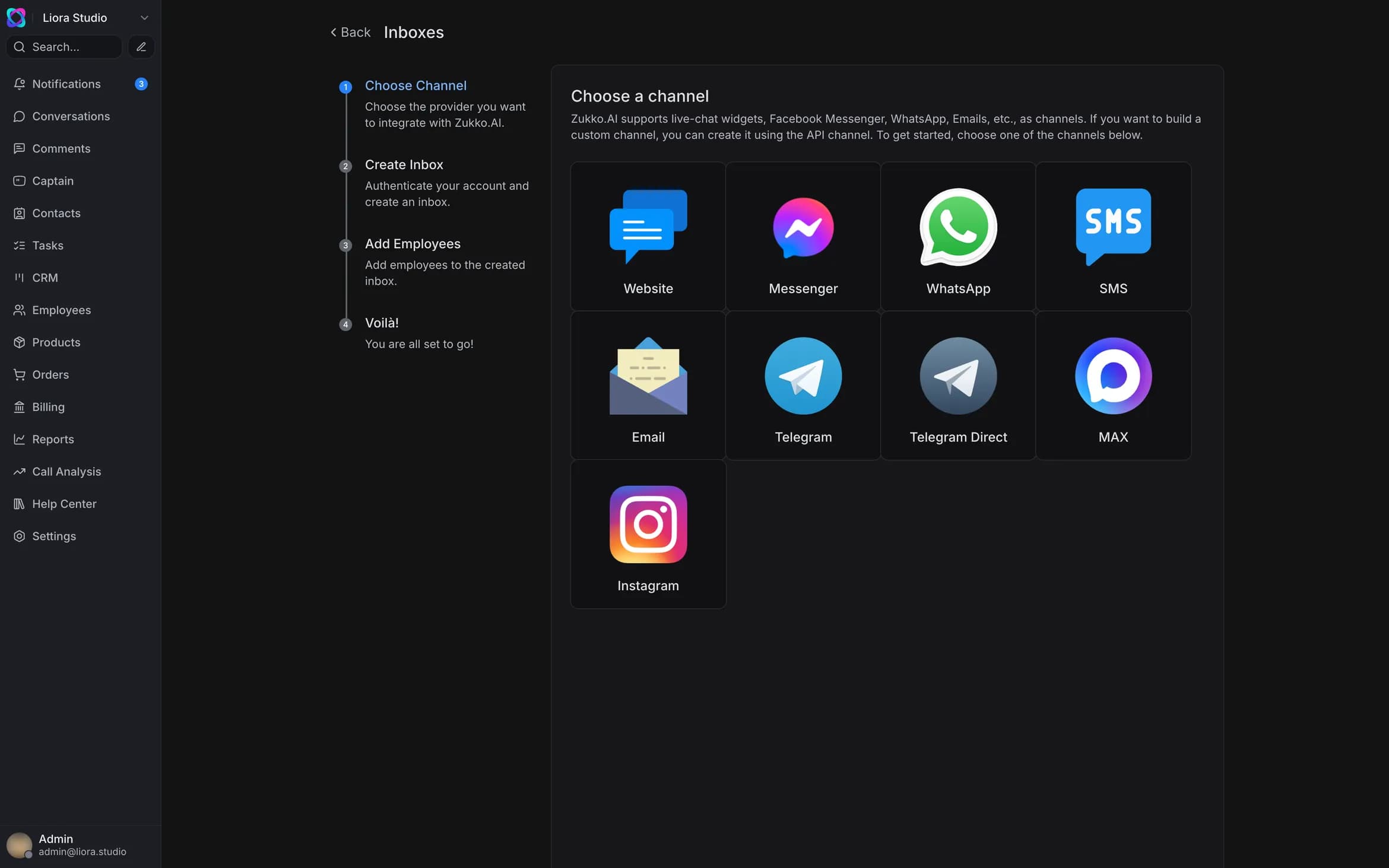 The channel connection screen in Zukko.AI: Instagram, Telegram, WhatsApp, Messenger, Email, SMS and the website widget