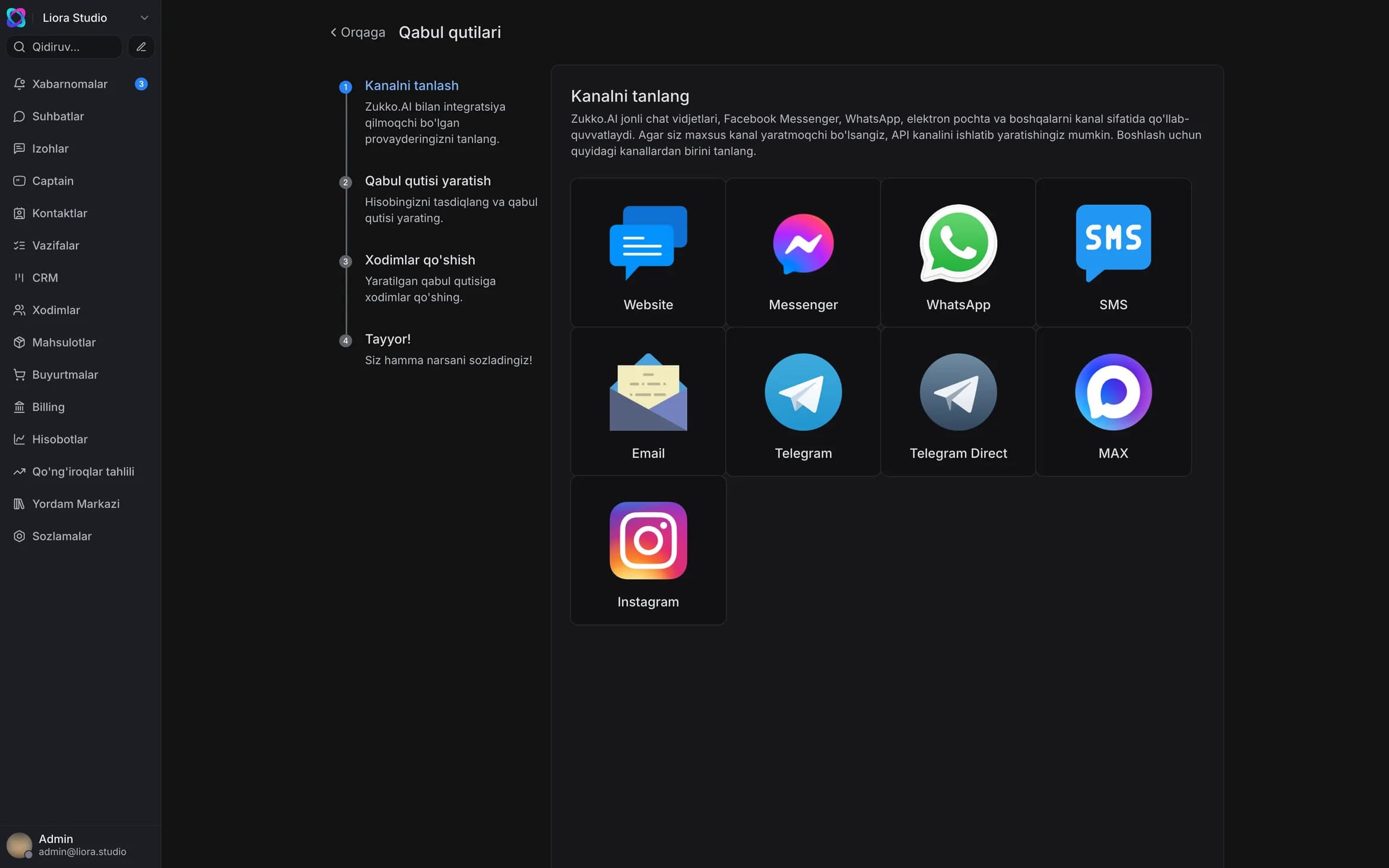 Zukko.AI kanal ulash ekrani: Instagram, Telegram, WhatsApp, Messenger, Email, SMS va sayt vidjeti