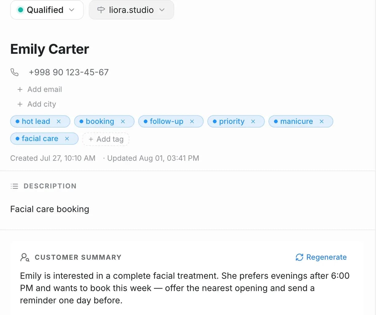 Lead card: status “Qualified”, industry service tags and an AI customer summary — she prefers evenings after 6 PM, offer the nearest opening and send a reminder a day before
