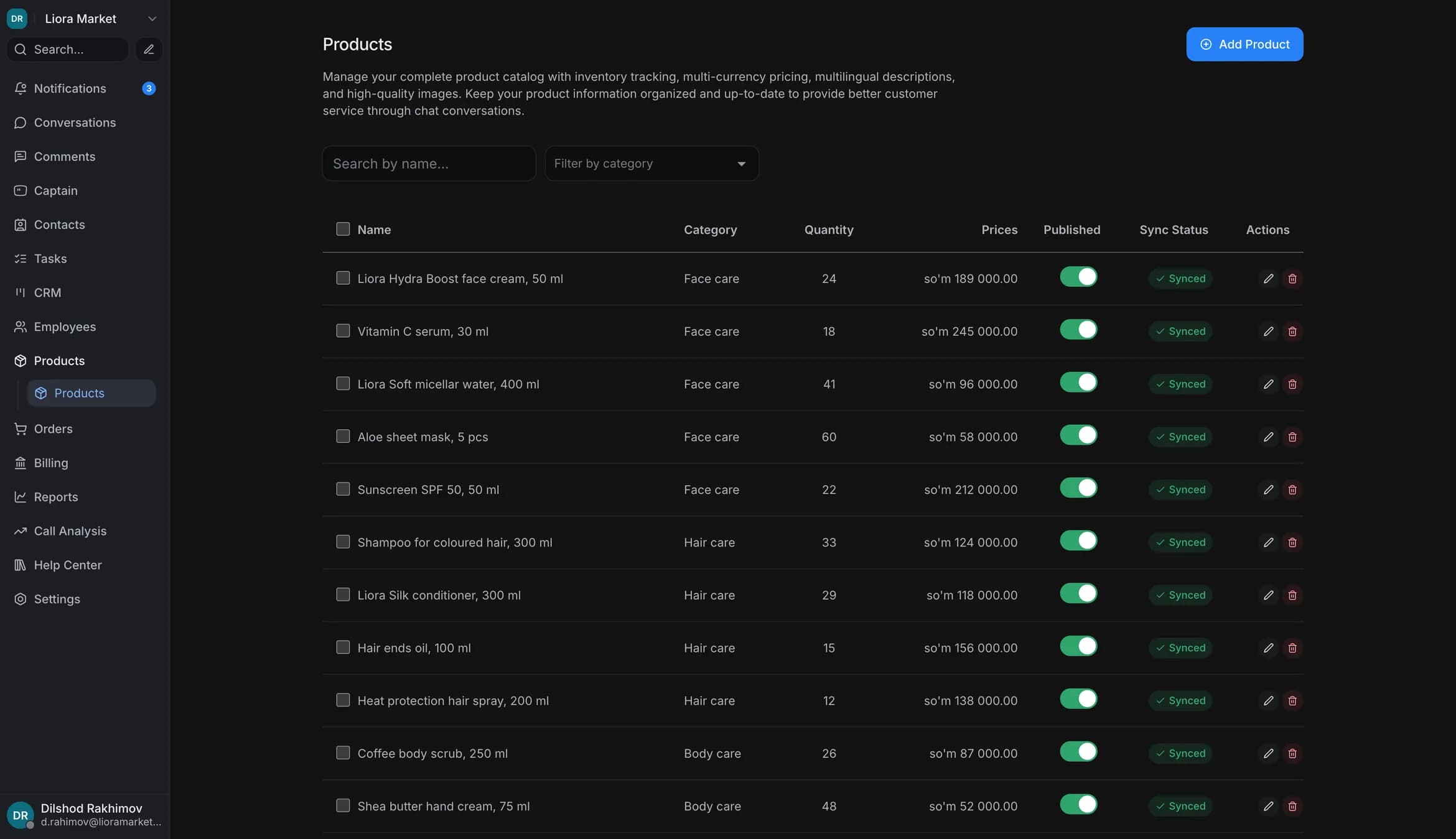 The product catalogue in Zukko.AI: categories, stock levels, prices in soum and card sync status