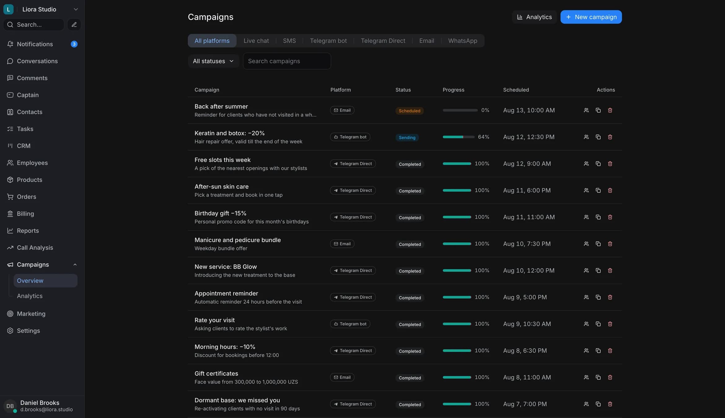 Campaign list: the segment, channel and status of every campaign in one view