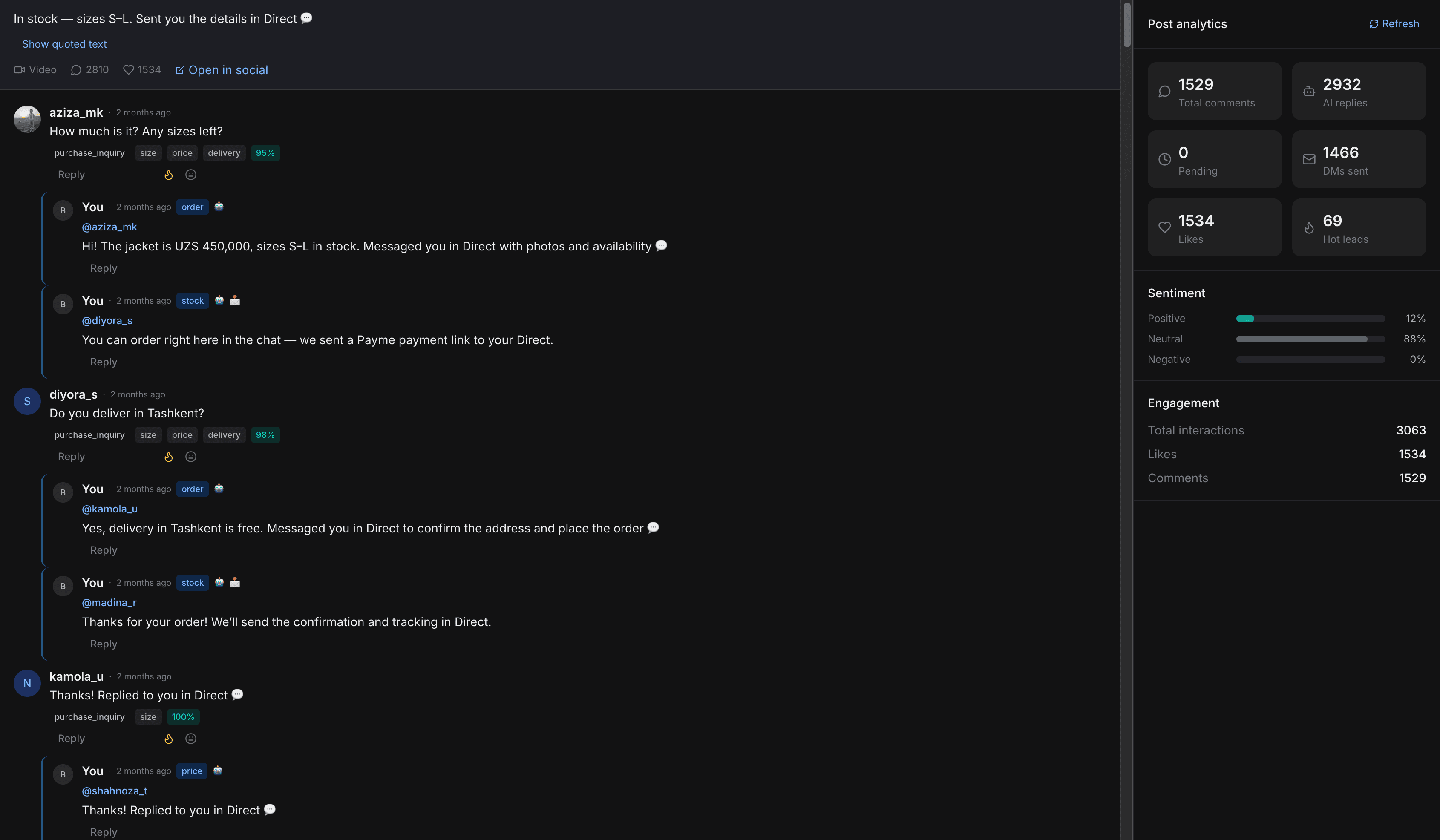 Flow: comment → semantics → public reply → direct message