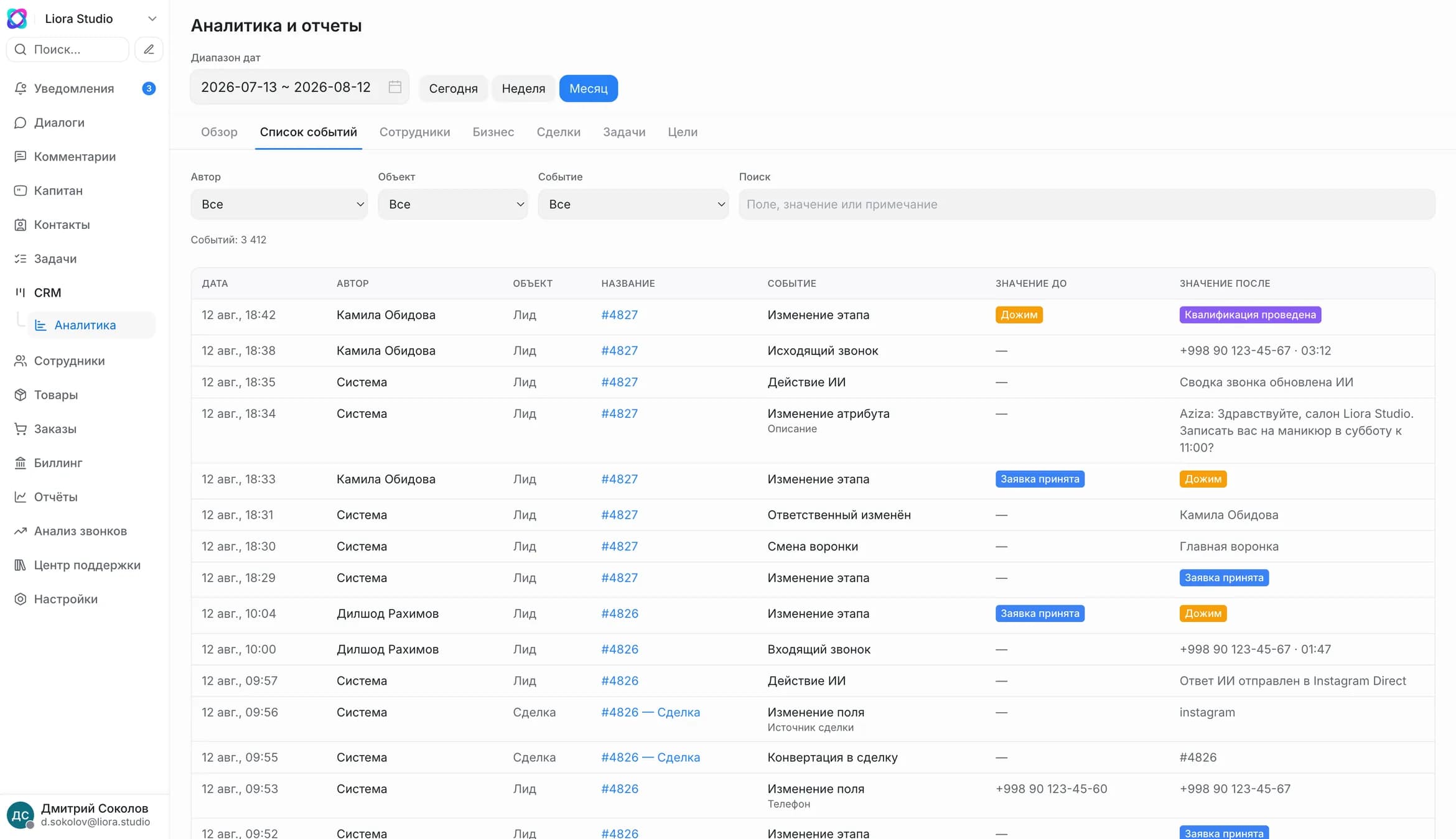 Журнал событий CRM: кто и когда менял карточку — сотрудник или AI