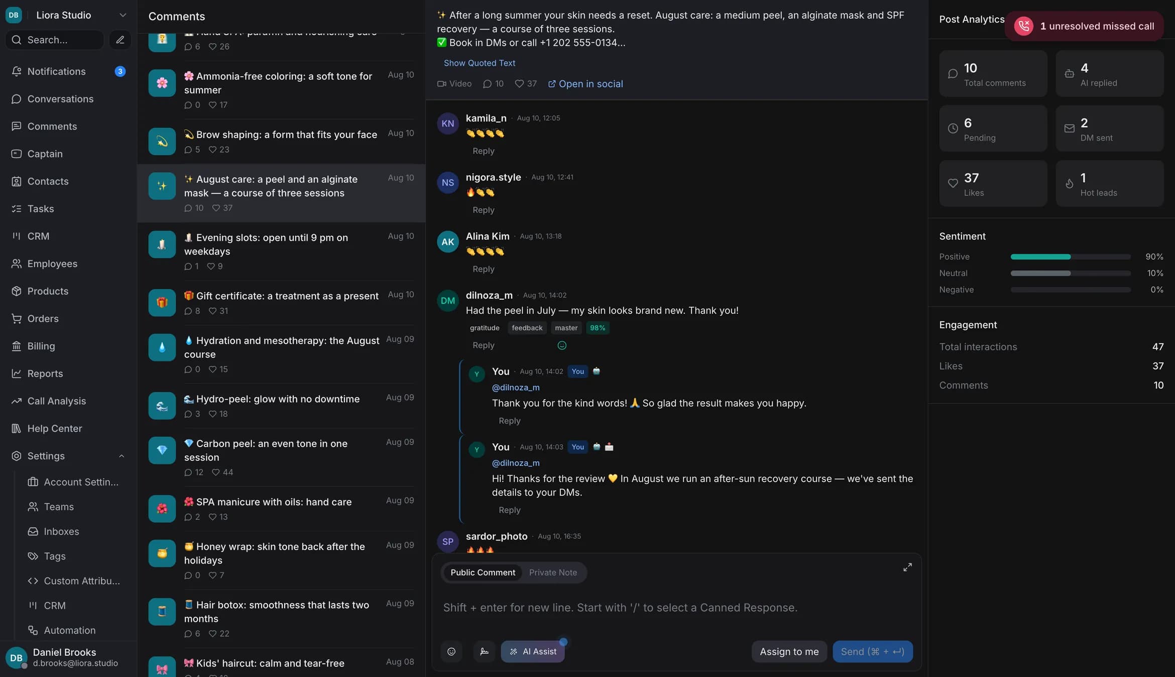 Comments screen: under an ad post the AI replies to reviews and moves the conversation into direct messages, with counters for AI replies, DMs sent and comment sentiment on the right
