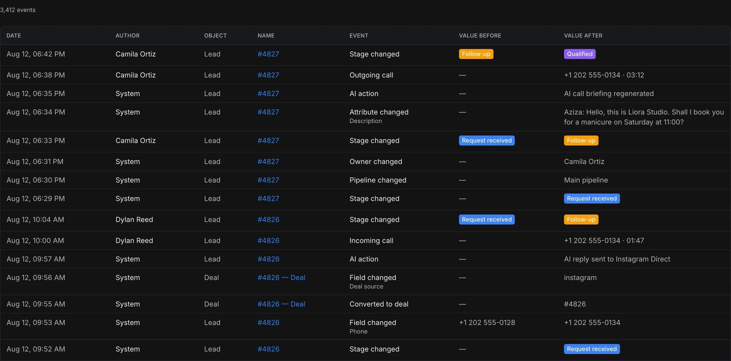 Audit log: date, author, object, event and the before and after values — stage changes, AI actions, inbound and outbound calls and field edits for every lead