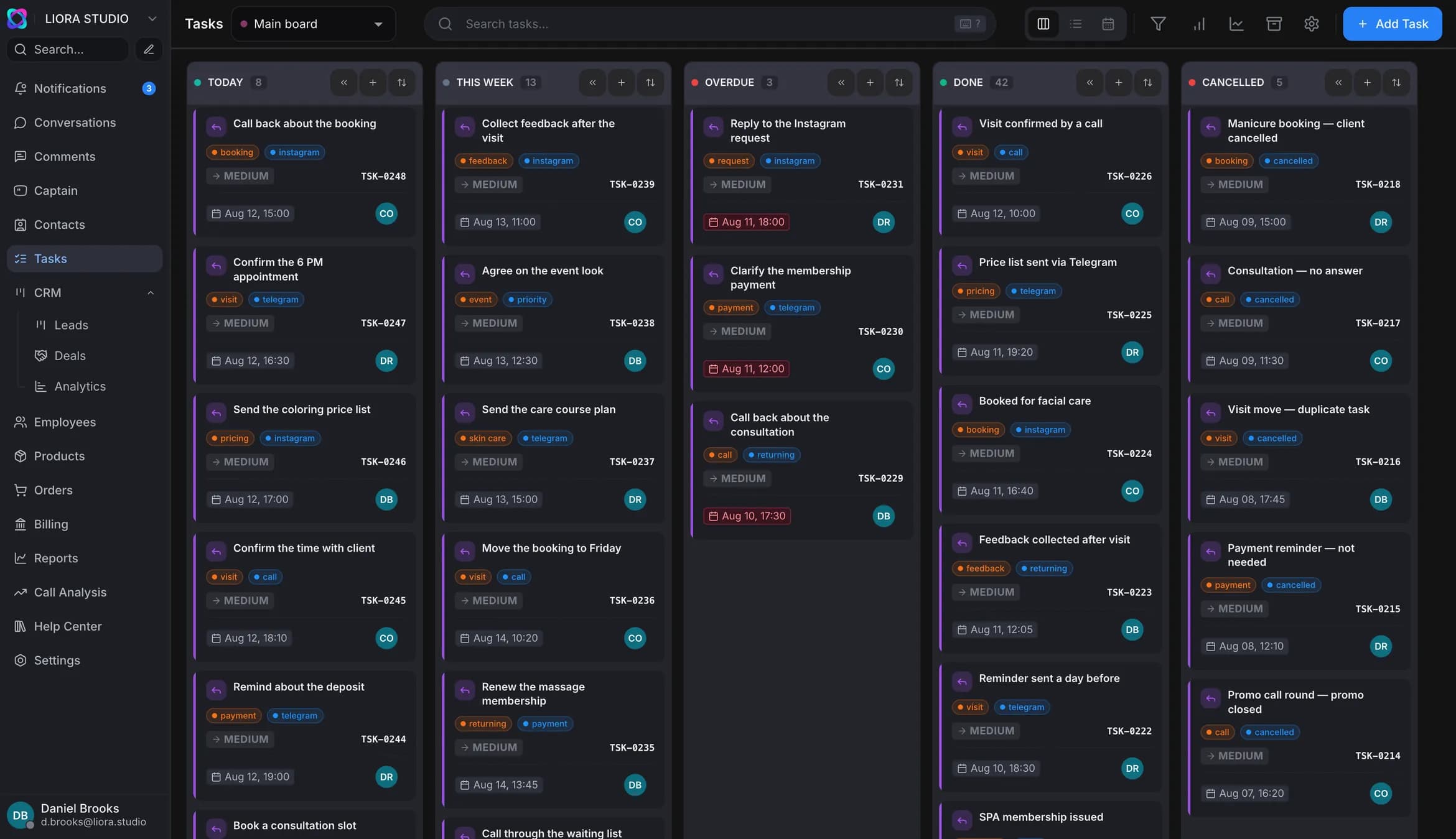 Back-office task board with Today, This week, Overdue, Done and Cancelled columns; every card shows the task type, channel, priority, due date and owner