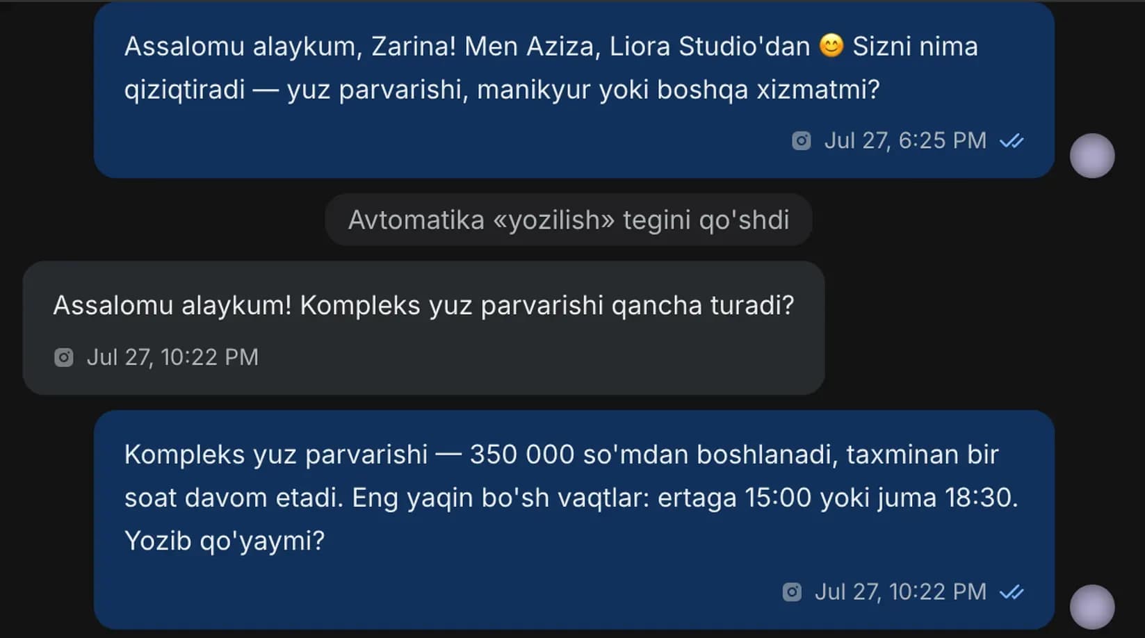 Messenjerdagi tungi suhbat: mijoz soat 22:22 da xizmat narxini soʻraydi, AI oʻsha daqiqada javob beradi — narx, davomiylik va yozilish uchun eng yaqin ikkita boʻsh vaqt