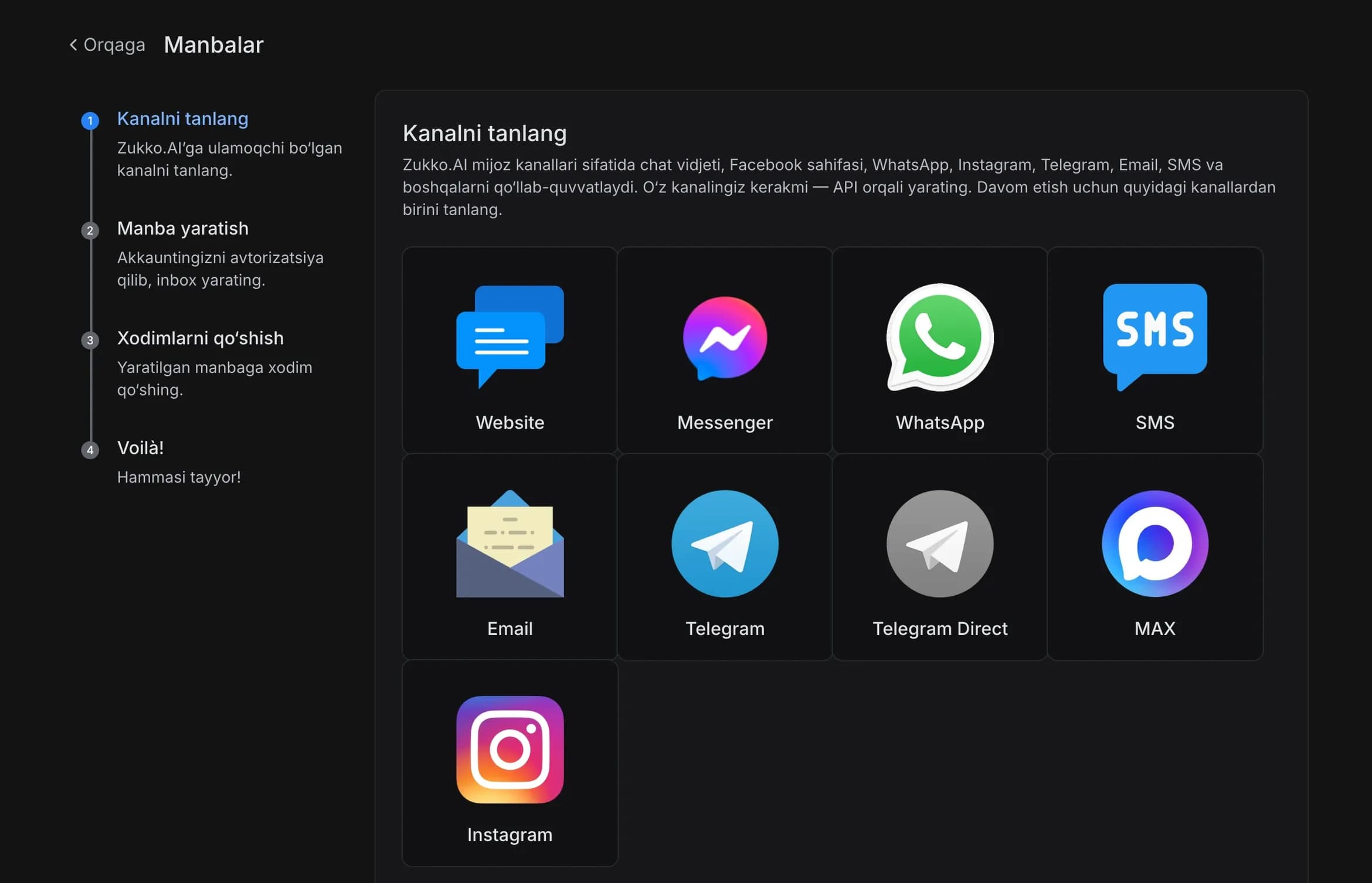Qoʻllab-quvvatlash kanallarini ulash ekrani: Website, Messenger, WhatsApp, SMS, Email, Telegram, Telegram Direct, MAX va Instagram, chapda — murojaat manbasini sozlashning toʻrt bosqichi